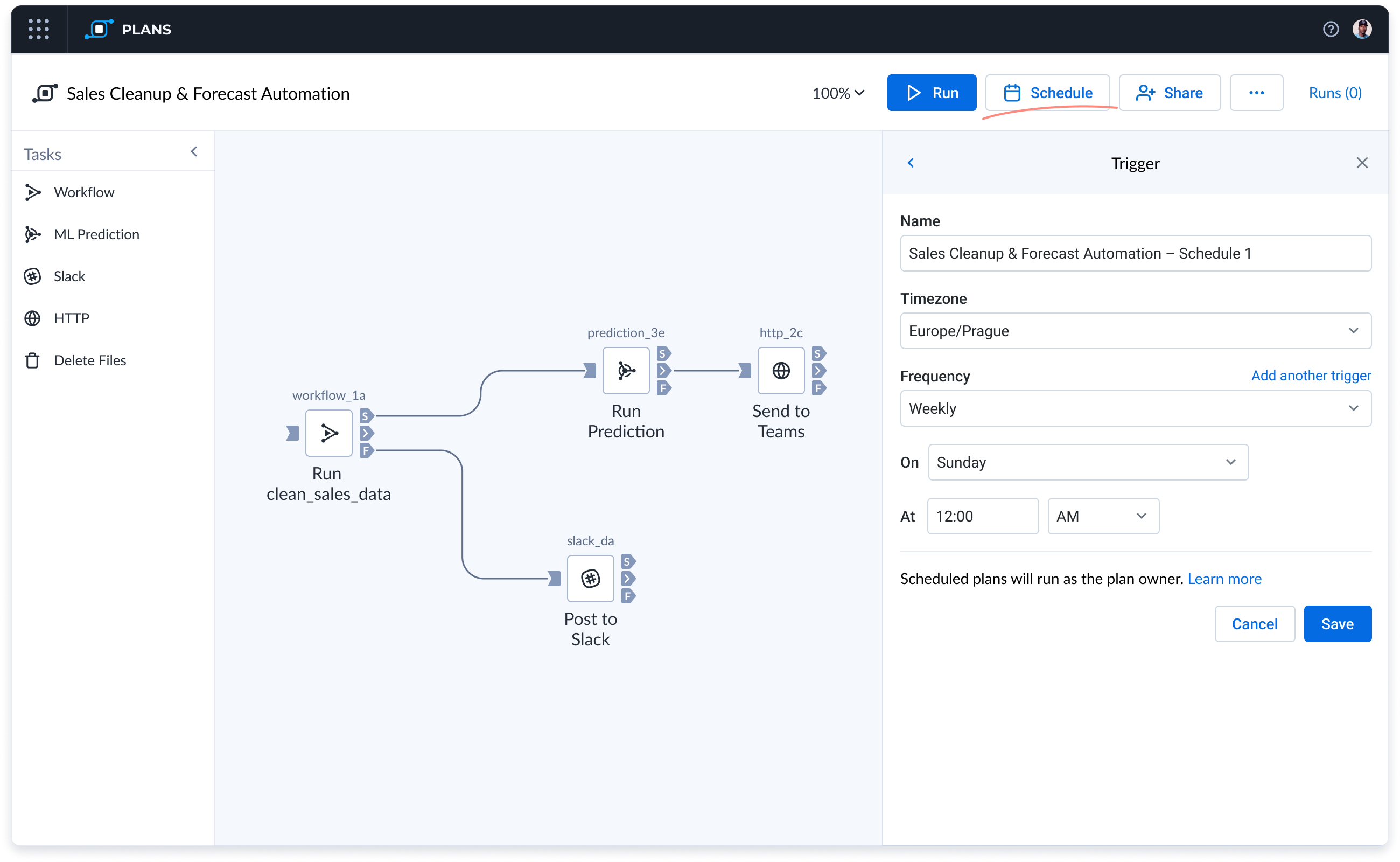 Alteryx Plans schedule automation screen