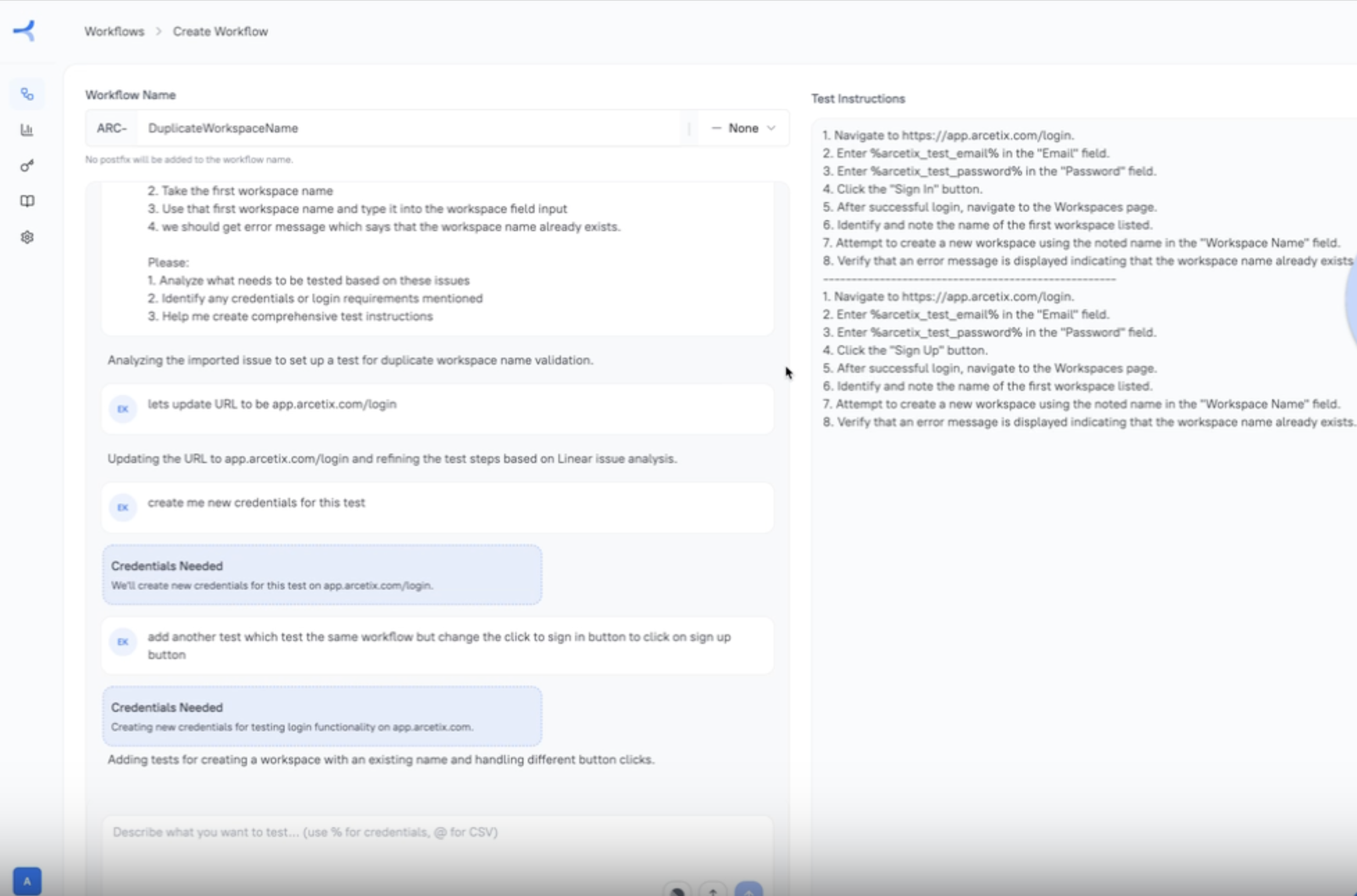 Arcetix workflow creation screen