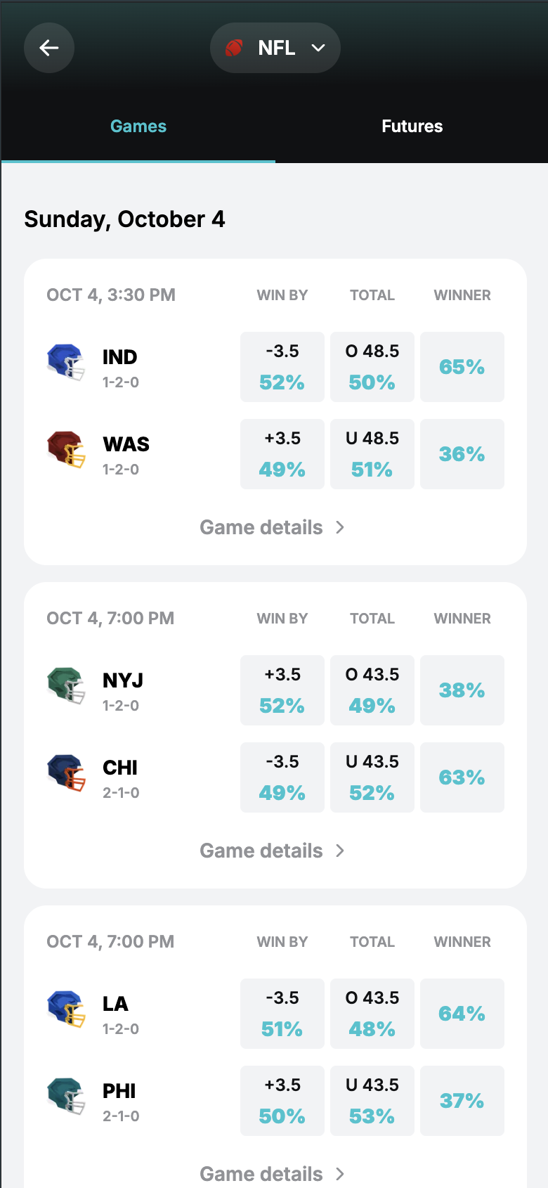 Splash Sports NFL games screen