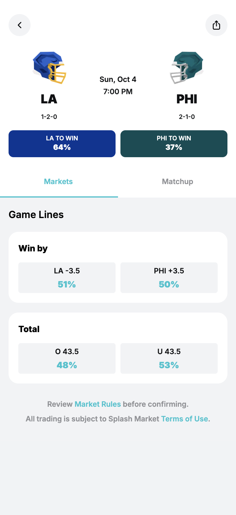 Splash Sports game lines screen