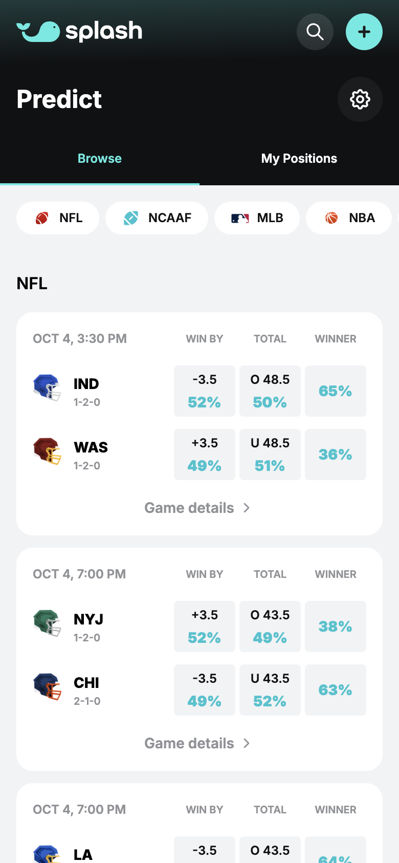 Splash Sports prediction browsing screen
