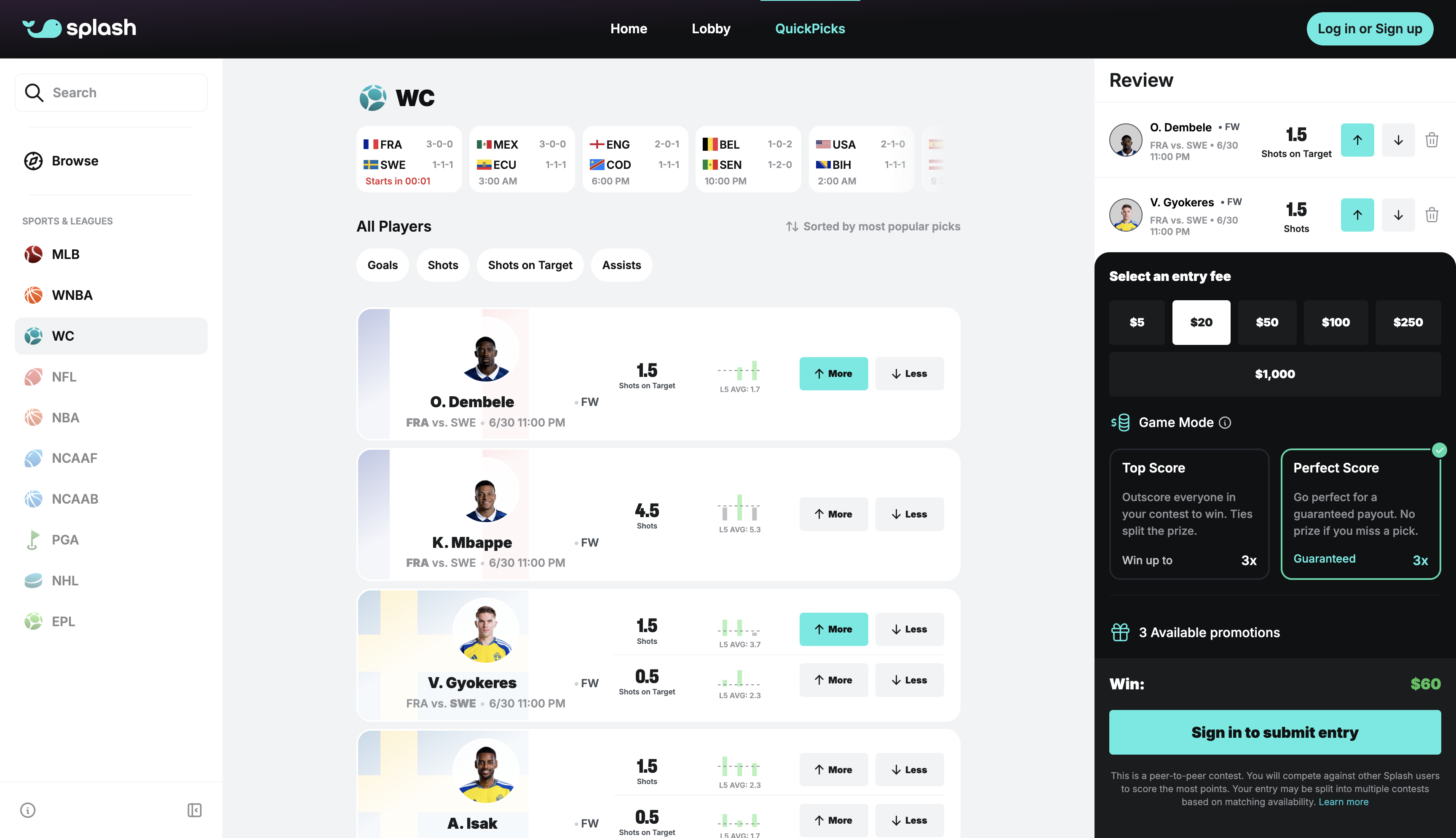 Splash Sports contest platform screen